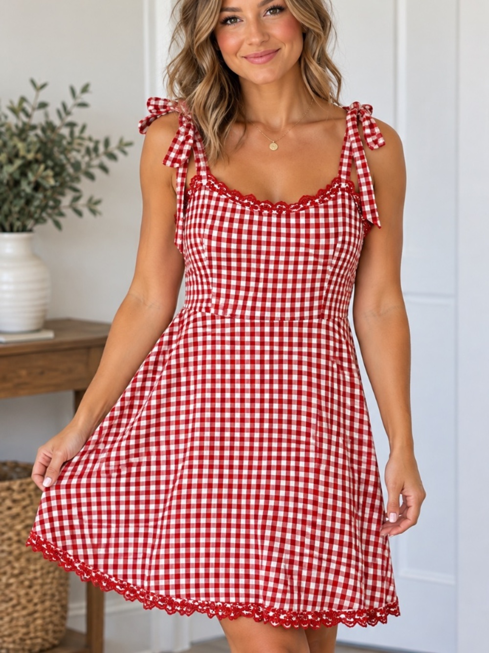 NWT American Eagle Red Gingham Tie Strap Dress XL